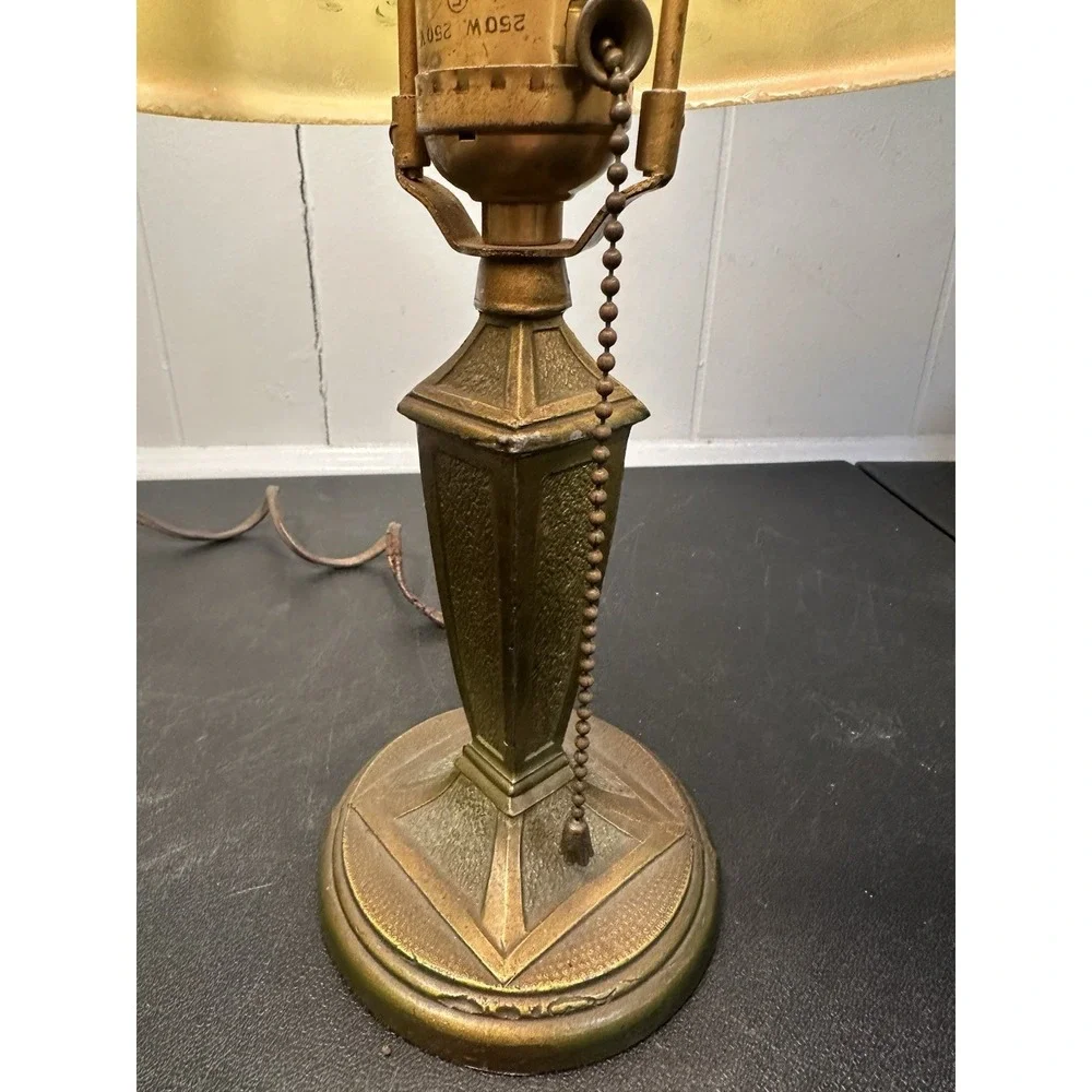Antique Reverse Painted Table Lamp Brass Scenic Shade‎ Pull Chain 14